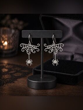Silver Spider Web Drop Earrings - hypoallergenic hooks